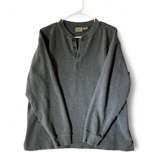 LL Bean Mens Waffle Knit Thermal Henley Shirt Gray Cotton Long Sleeve L-REG
